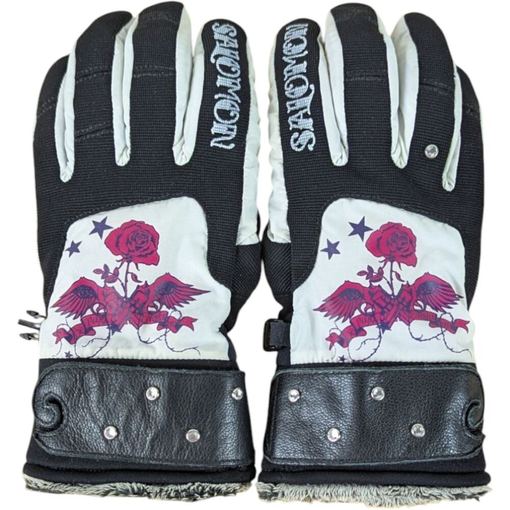 Salomon Snow Gloves Guns N Roses Womens Size Small Black White Wings Red